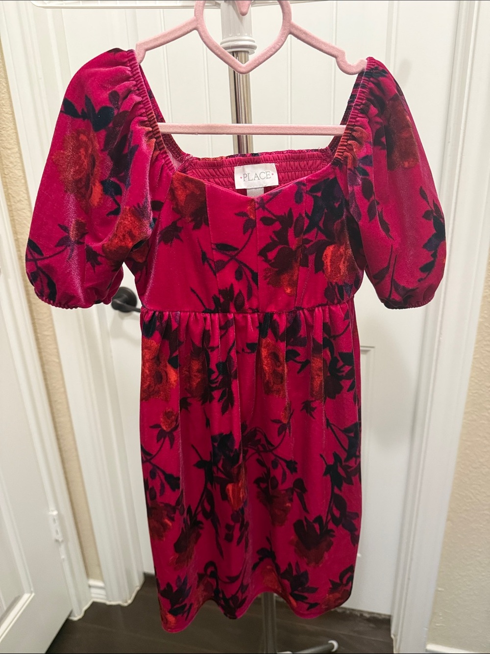 The Children's Place Hot Pink Floral Velvet Puff-Sleeve Dress